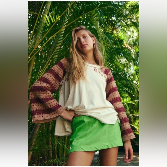 Free People Festival Ready Tee We The Free Crochet Knit Sleeve Ivory Combo - Picture 2 of 5
